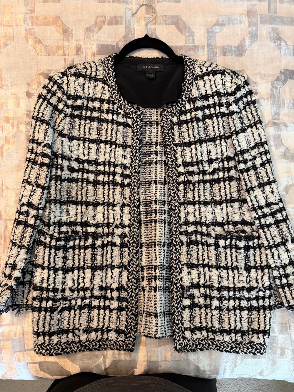 St. John Black & White Bouclé Open-Front Jacket